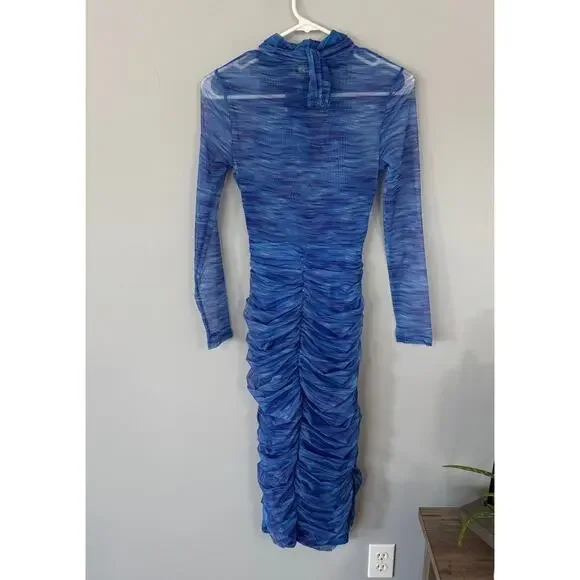 Akira Aqua Babe Mesh Printed Midi Dress BodyCon Size Small Form Fitting Blues - Picture 4 of 14